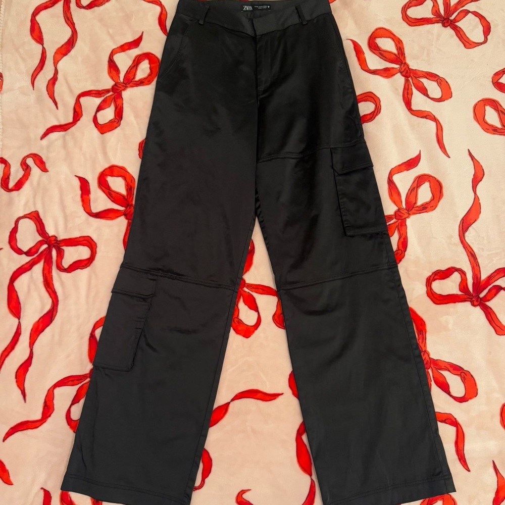 Black Satin Cargo Pants
